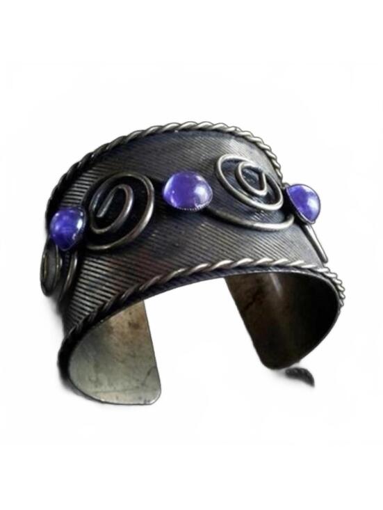 Jewelry - Handmade Antiqued Brass Purple Glass Swirls Diagonal Fine Lines Cuff Bracelet